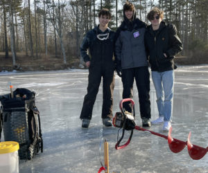 For left: Local teens Alex Gutierrez, Jack Lee, and Waylon Strout take a break from ice-fishing duties. (Photo courtesy Matthew Hanly)
