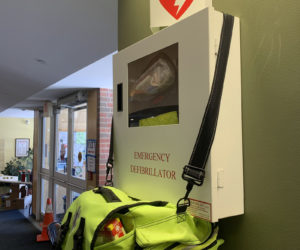 The AED case at Wiscasset Community Center. (Anna Drzewiecki photo)
