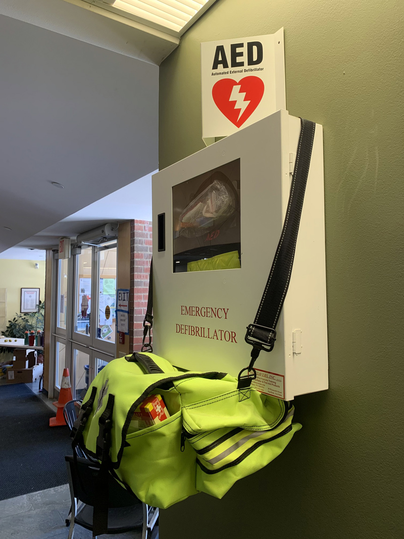 The AED case at Wiscasset Community Center. (Anna Drzewiecki photo)