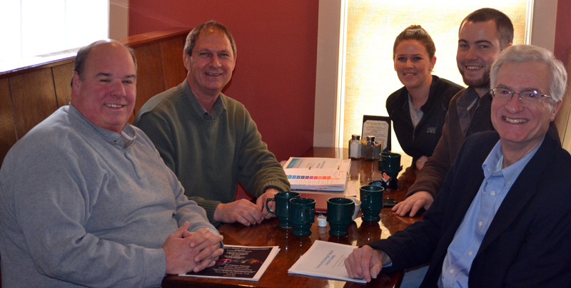 The Community Energy Fund of Lincoln County during a meeting in King Eider's Pub in 2015. From left: Todd Maurer, Robert Clifford, Olivia Poole, Matt Poole, and Charlie Ault. (LCN file photo)
