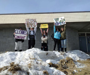 Students at Medomak Valley High School in Waldoboro stage a walkout to raise awareness around sexual violence. Students want more education on issues of consent and more responsiveness to their concerns on the part of school administration. (Photo courtesy Sage Cunningham)