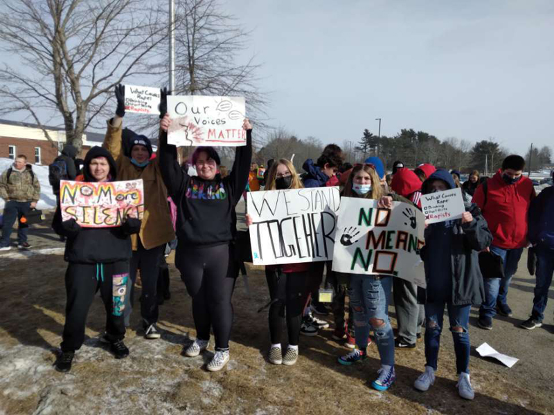Students at Medomak Valley High School in Waldoboro stage a walkout to raise awareness around sexual violence. Around 100 high school and middle school students participated over the course of two days. (Photo courtesy Sage Cunningham)