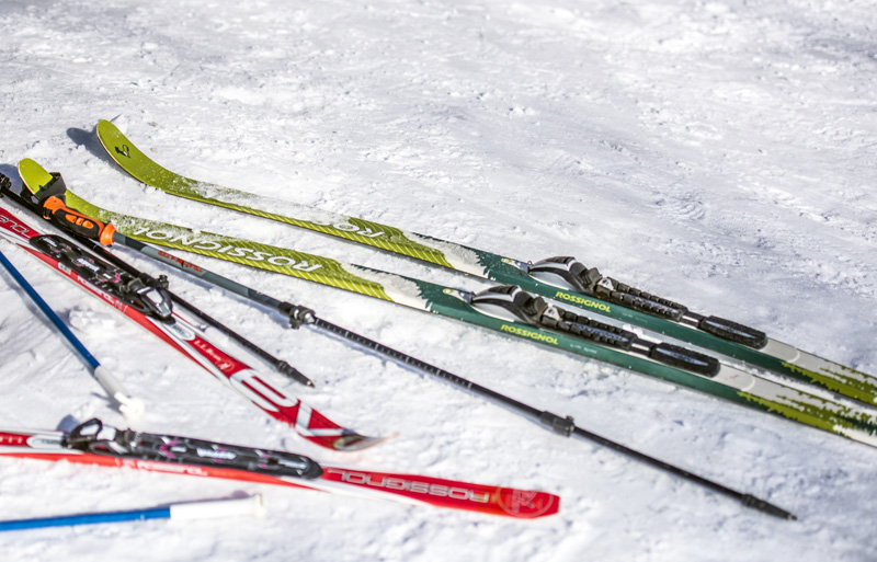 Skis and poles are splayed across the snow outside the rental kiosk at the Hidden Valley Nature Center in Jefferson. The  preserve rents Nordic skis, snowshoes and fat tire bikes to explore its miles of multi-use trails.  (Bisi Cameron Yee photo, LCN file)