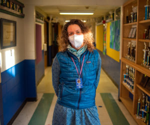 Great Salt Bay Community School school counselor Jill Davis stands in the school hallway. (Courtesy photo)