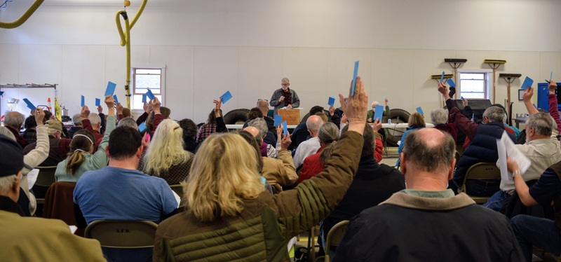 Alna citizens raise their cards Moderator Jim Lothridge calls for a vote at the annual town meeting on March 26. (Nate Poole photo)