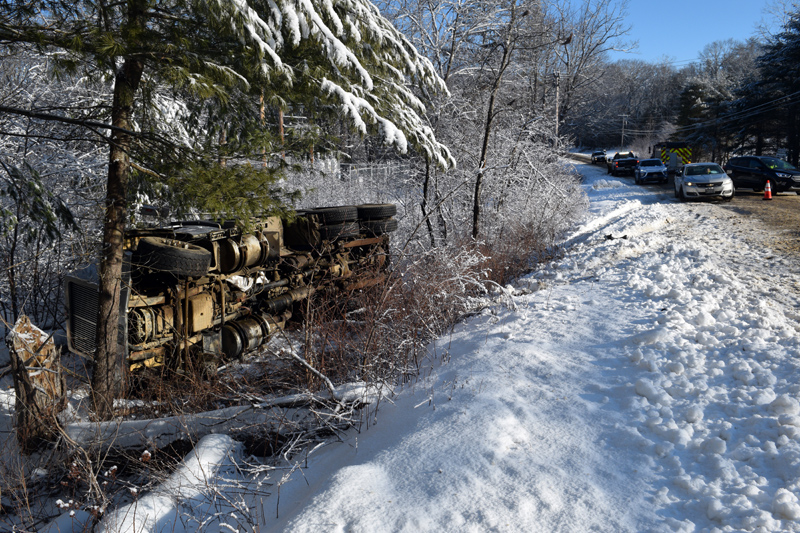 There were no injuries in a dump truck rollover at the intersection of Alna Road and Sheepscot Road in Alna on the morning of March 2. (Nate Poole photo)