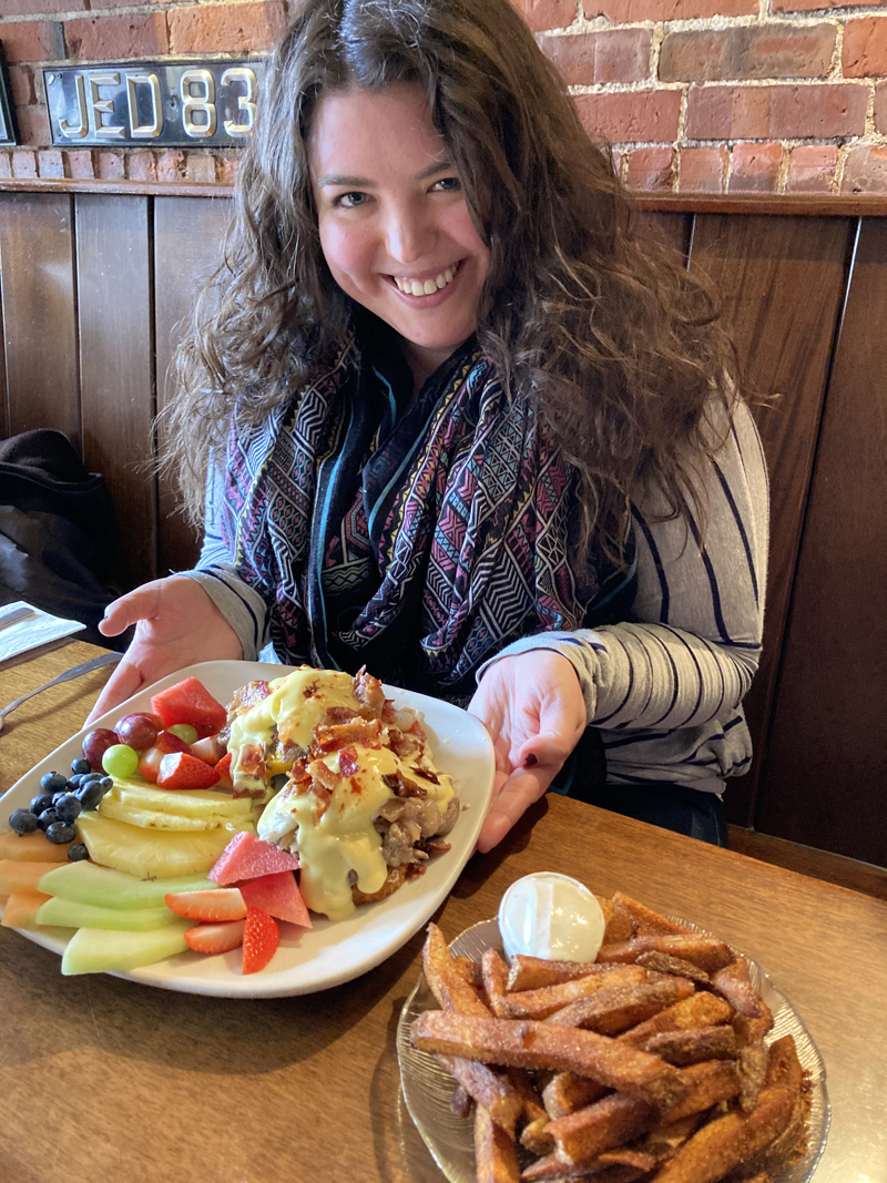 King Eider's Pub co-owner Jed Weiss was kind enough to snap a photo of me with my breakfast. Note the French fries, which were not consumed during the course of the mammoth meal. (Photo courtesy Jed Weiss)