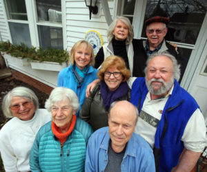Damariscotta Historical Society members stand in front of its new headquarters at 3 Chapman St. Top row, from left: Sally Beaudette and Historian Calvin Dodge. Middle row: President Valerie Strong Seibel, Sandy Day, and Vice President William Crocker. Bottom row: Treasurer Martha Reed Dodge, Carol Ray, and Malcolm Mac Ray. (Courtesy Scott Shott)