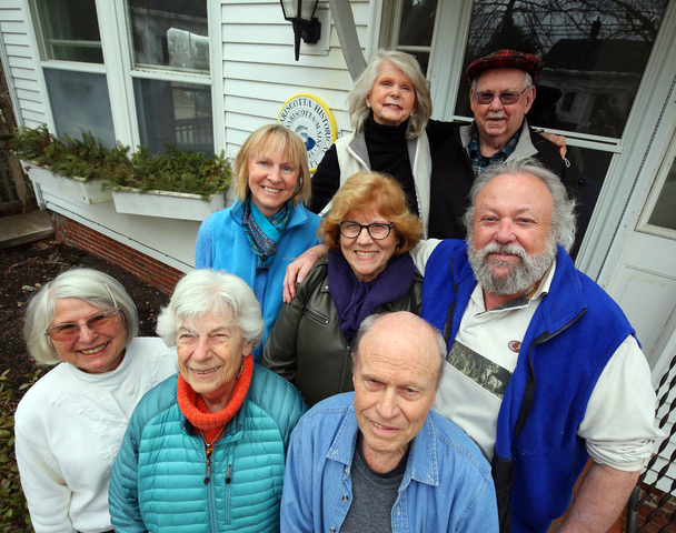 Damariscotta Historical Society members stand in front of its new headquarters at 3 Chapman St. Top row, from left: Sally Beaudette and Historian Calvin Dodge. Middle row: President Valerie Strong Seibel, Sandy Day, and Vice President William Crocker. Bottom row: Treasurer Martha Reed Dodge, Carol Ray, and Malcolm Mac Ray. (Courtesy Scott Shott)
