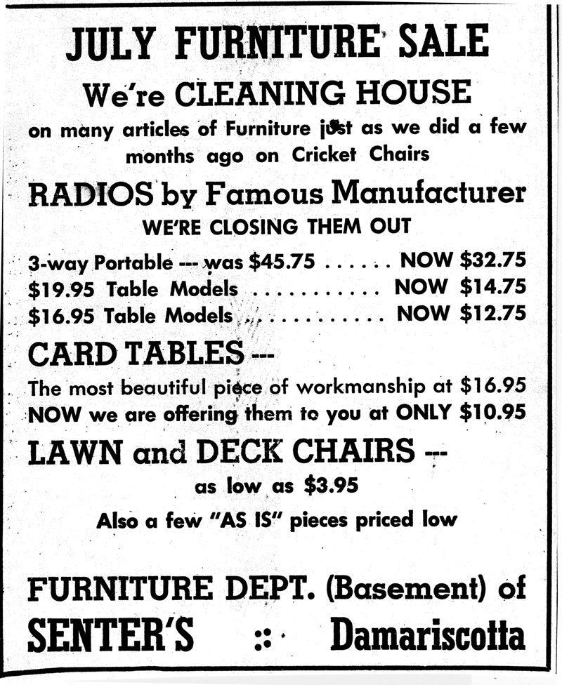 A July 15, 1948 ad by Senters Department Store on Main Street, Damariscotta. (Photo courtesy Calvin Dodge)