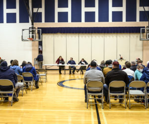 Residents gather in the gym at the Jefferson Village School for a special town meeting on Jan. 14. (LCN file)