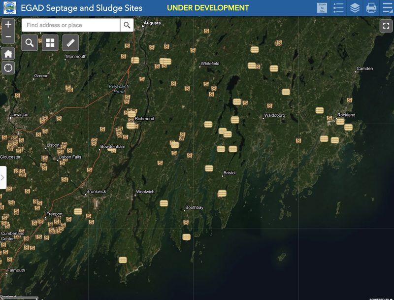 Lincoln County on the Maine Department of Environmental Protection's Septage and Sludge Sites map, which is under development. Sites mark where sludge application was licensed and don't necessarily show whether or not it was applied. Any errors or omissions on the map should be reported via email to pfas.dep@maine.gov. (Screenshot)