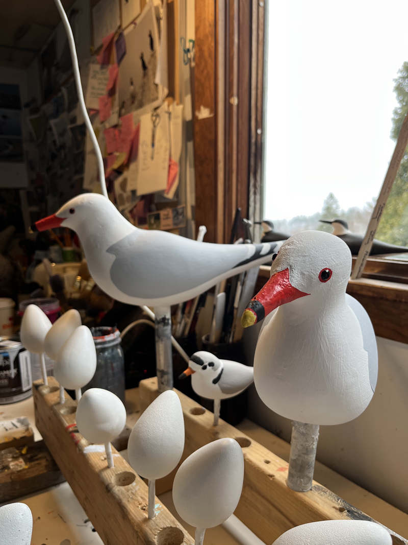 In the studio, decoy gulls dry on their dowels before being carefully packed for shipment across the ocean. (Anna M. Drzewiecki photo)