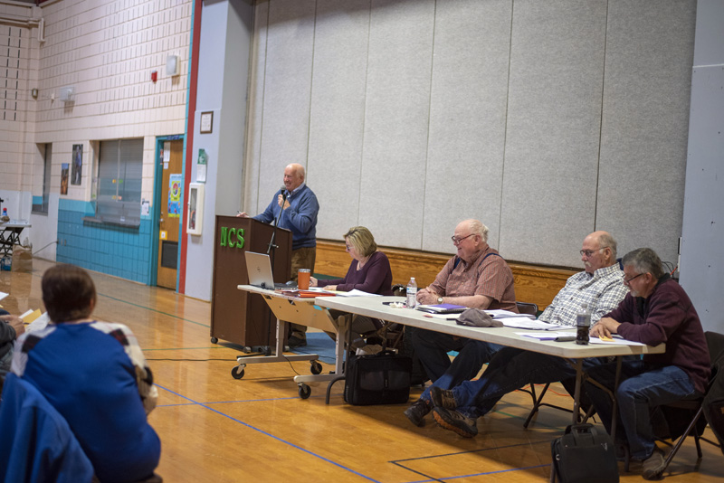 From left: Moderator Don Means, Town Clerk Susan Pinnetti-Isabel, Selectmen Chair Richard Spear, Selectman Richard Powell Jr., and Selectman Jon Chadwick at the Nobleboro town meeting March 19. (Jessica Picard photo)