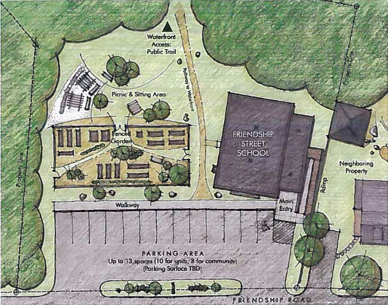 The conceptual site plan for the Friendship Street School property by Medomak Design includes a fenced garden, a picnic and sitting area, a public trail to the Medomak River waterfront, and 13 parking spaces. (Courtesy photo)