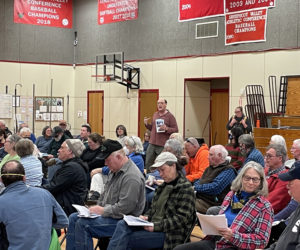 Whitefield Planning Board member Glenn Angell speaks during the annual town meeting on March 19. (Raye S. Leonard photo)