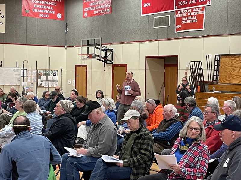 Whitefield Planning Board member Glenn Angell speaks during the annual town meeting on March 19. (Raye S. Leonard photo)