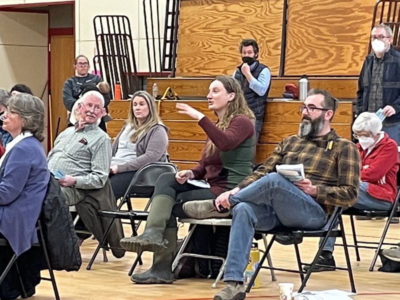 Robin Huntley speaks to fellow Whitefield residents about a proposed electronic sign that would be located at the Whitefield Elementary School during the annual town meeting March 19. The article failed. (Raye S. Leonard photo)