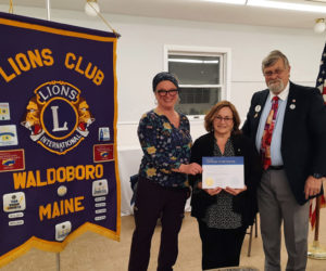 From left: Waldoboro Lions Club member Melissa Barbour, Audrey Ennamorati, and District Governor Jeffrey Woolston at an installation on March 16. (Courtesy photo)