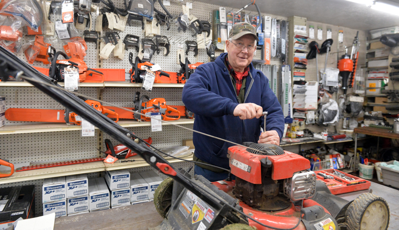Dick Chadwick at work in his Nobleboro shop. Chadwick will hang up his wrenches at Chadwick's Power Products on March 31 after 45 years in business. (Paula Roberts photo)