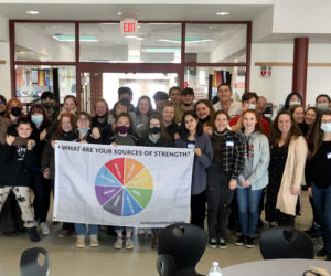 Lincoln Academy peer leaders and adult advisors participating in the program Sources of Strength, which trains students in evidence-based suicide prevention and awareness. (Courtesy photo)