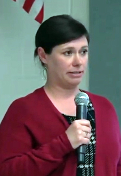 Cameron Reny, a Democratic primary candidate for Senate District 13, speaks at a forum at Great Salt Bay Community School on April 26. Reny lives in Bristol and is a school counselor. (screenshot)