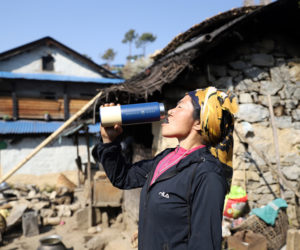 Jalak Maya Kulung drinking out of the Traveler at the project site in Chheskam. (Courtesy photo)