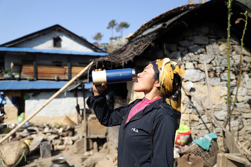 Jalak Maya Kulung drinking out of the Traveler at the project site in Chheskam. (Courtesy photo)