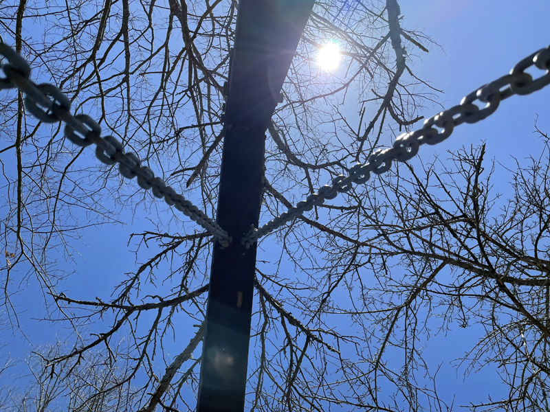 April sun through the trees and chains of the swinging bench at Whaleback Shell Midden in Damariscotta. (Raye S. Leonard photo)