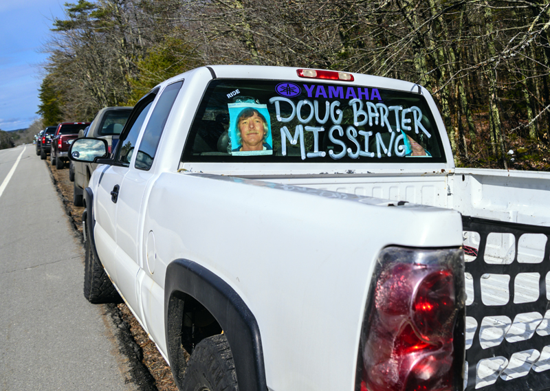 The rear window of a pickup truck reminds the community that Douglas Barter is still missing in Waldoboro on April 9. (Bisi Cameron Yee photo, LCN file)