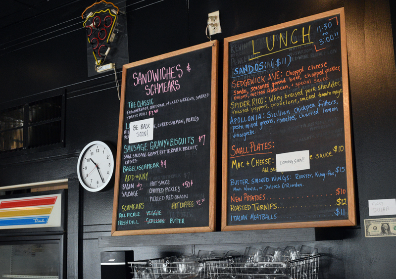 An updated menu at Oysterhead Pizza Co. in downtown Damariscotta now features breakfast sandwiches, "schmears," and lunch sandwiches. After closing for a month to transition ownership, head chef Nick Krunkkala and baker Caroline Zeller are now running the eatery. (Evan Houk photo)