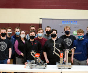 The 2021-22 Robotics team. From left: Grady Burns, Henry Maddox, Ryan Naylor, coach Susan Levesque, Ryan Sullivan, Connor Parson, Joseph Levesque, Owen Dyer, Jake Shaw, Austin Levesque, Jackson Ross, and C.J. Colomb. (Courtesy photo)