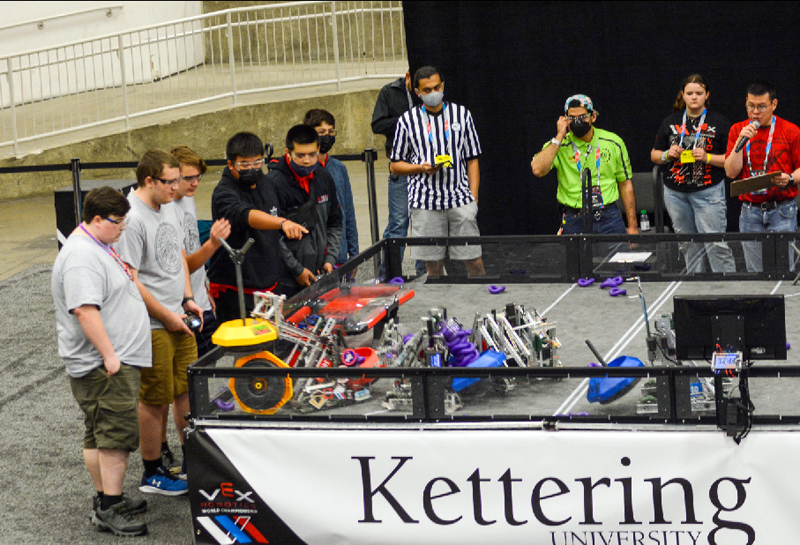 LA Robotics team robot operators Jake Shaw, Owen Dyer, and Ryan Naylor  compete at the VEX Robotics World Championship in Dallas, Texas. (Photo courtesy Izzy Petersen)