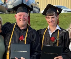Wiscasset Police Chief Larry Hesseltine and son Gage Hesseltine celebrate their graduation from Central Maine Community College on Thursday, May 12. From left: Laura Mewa, Larry Hesseltine, Gage Hesseltine, and Ashley Winchenbach. (Photo courtesy Cassie Ledger)