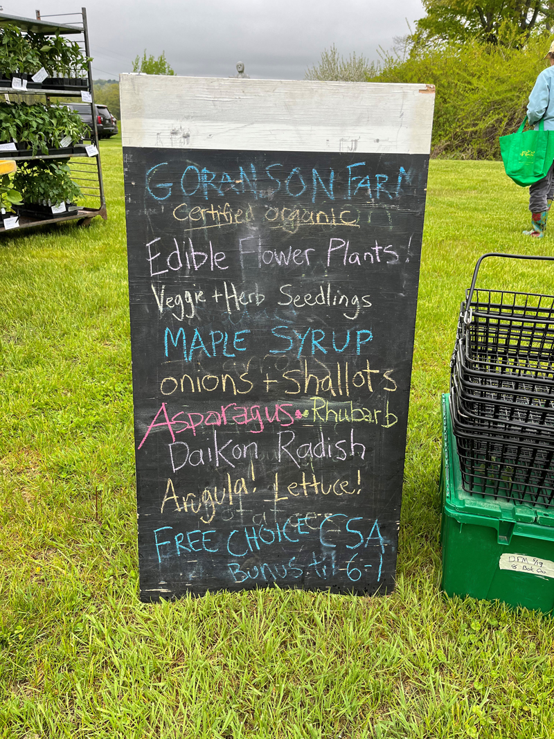 The Goranson Farm sign at the Damariscotta Farmers' Market shows many options for shoppers. (Courtesy photo)
