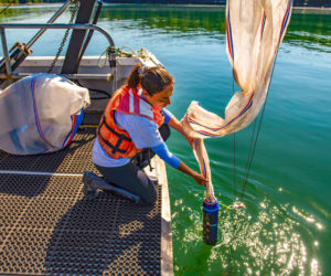 University of Maine student researcher Autumn Lauria samples plankton from the deck of the R/V Ira C., in 2019. (Courtesy photo)