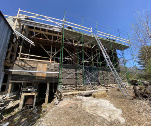 The west wall of the Mill at Pemaquid Falls is temporarily removed for extensive repairs. (Courtesy photo)