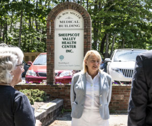 Maine Gov. Janet Mills stands in front of the Sheepscot Valley Health Center in Whitefield on Tuesday, June 7. Mills visited the location to announce a $4 million initiative to help boost Maine's healthcare workforce. (Bisi Cameron Yee photo)