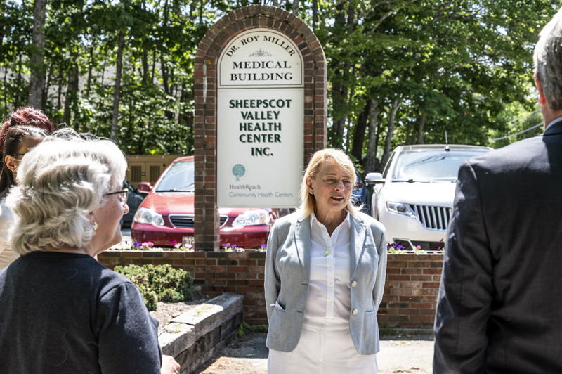 Maine Gov. Janet Mills stands in front of the Sheepscot Valley Health Center in Whitefield on Tuesday, June 7. Mills visited the location to announce a $4 million initiative to help boost Maine's healthcare workforce. (Bisi Cameron Yee photo)