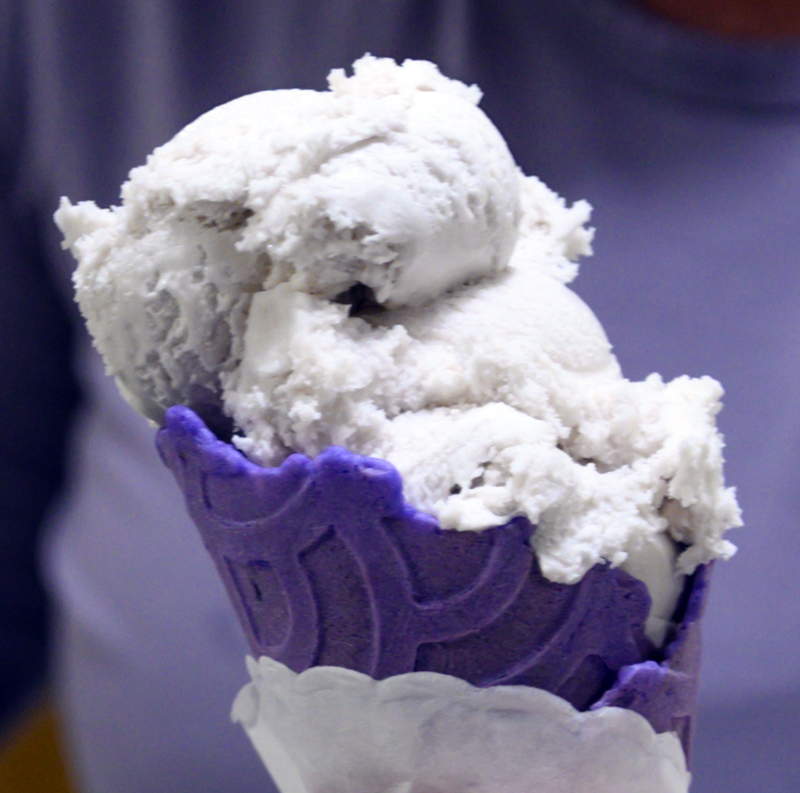 Lavender ice cream fills a lavender cone at Round Top Ice Cream in Damariscotta on Monday, June 27 (Photo by Bessie Cameron Yee)