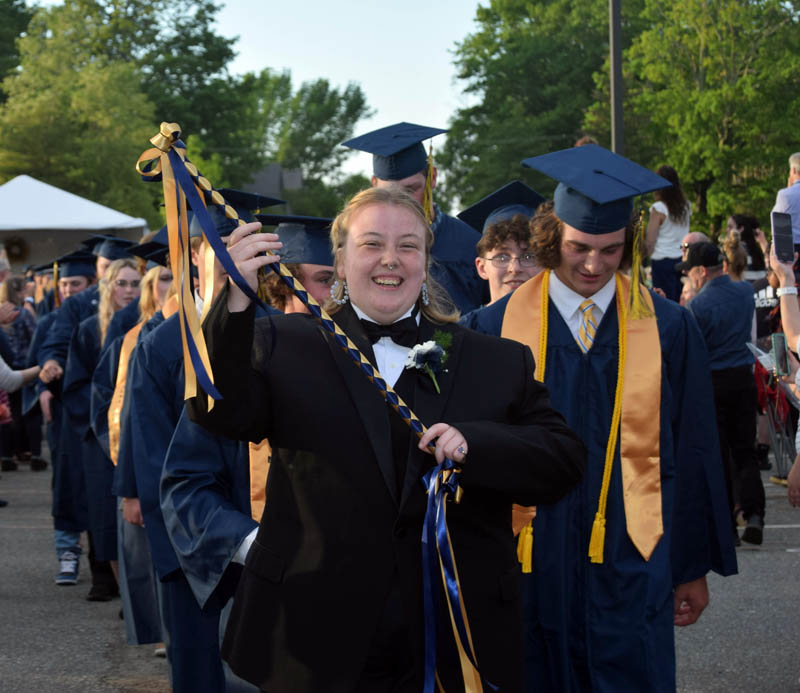 Medomak Valley High School junior Lyra Stevens leads the class of 2022 for its final march after the graduation ceremony on Wednesday, June 8. (Alec Welsh photo)