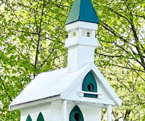 Damariscotta historian Calvin Dodge built this church-themed birdhouse in the 1970s. Calvins son Robert restored the house, which now serves bluebirds near Robert's home in Connecticut. (Photo courtesy Robert Dodge)