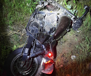 A Somerville man was fatally injured after the 2002 Honda Shadow he was operating left the Valley Road in Somerville and entered a small grove of trees late Saturday night, July 9. Speed and alcohol are being investigated as possible causes of the crash. (Photo courtesy Lincoln County Sheriff's Office)