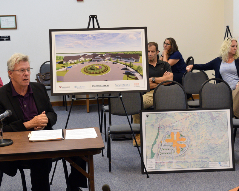 Daniel Maguire, of Sandy River Co., explains initial plans for a "state-of-the-art licensed nursing care center” on Piper Mill Road to the Damariscotta Planning Board on Monday, Aug. 1. Sandy River Co. is working with LincolnHealth and North Country Associates to build a facility that will replace Cove's Edge in Damariscotta and St. Andrew's Village in Boothbay Harbor.  (Evan Houk photo)