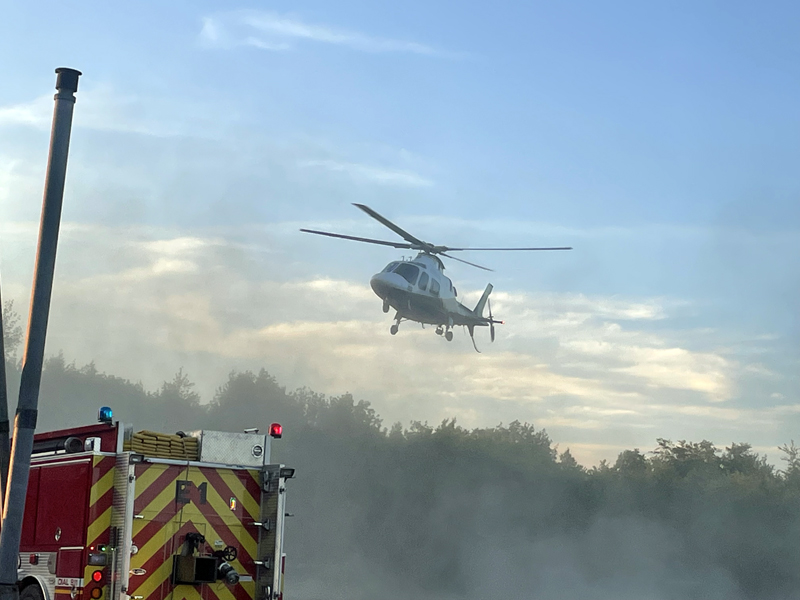 A LifeFlight helicopter takes off from Peaslee's Quick Stop on Route 17 in Jefferson Wednesday, Aug. 3. According to the Lincoln County Sheriff's Office, a Gardiner woman sustained serious injuries when her eastbound 2012 Chevrolet Equinox crossed the center line and struck three oncoming motor vehicles on Route 17 in Jefferson. (Sherwood Olin photo)