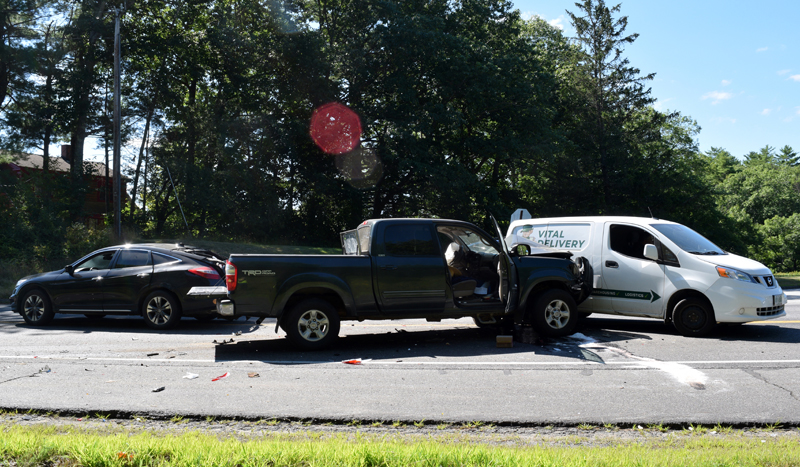 A three-car crash in front of the Sherman Lake Rest Area on Route 1 in Newcastle sent one man to the hospital with a neck abrasion on the morning of Wednesday, Aug. 3, according to Lt. Brendan Kane of the Lincoln County Sheriff's Office. Traffic was reduced to one lane for more than an hour for clean-up. (Evan Houk photo)