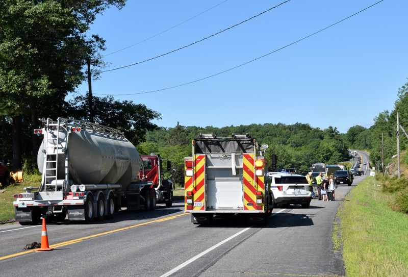 Traffic was backed up for more than an hour in front of the Sherman Lake Rest Area on Route 1 in Newcastle after a three-car crash on the morning of Wednesday, Aug. 3. One man was transported to the hospital with non-life-threatening injuries, according to Lt. Brendan Kane of the Lincoln County Sheriff's Office. (Evan Houk photo)