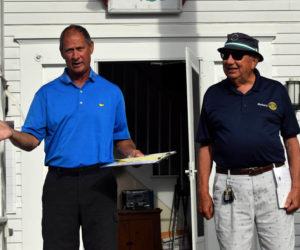 Co-chairs of the 25th Damariscotta Newcastle Lions & Rotary golf tournament, Robert Clifford (left) and Donald Cameron open the event with a few brief remarks at the Wawenock Golf Club in South Bristol, Saturday, July 30. The annual event is joint fundraiser for both organizations. (Alec Welsh photo)