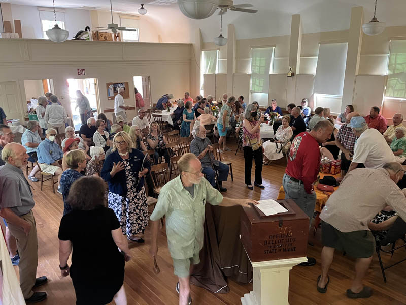 Westport Islanders gather at the town's historic town hall on Sunday, July 31 to honor George D. Richardson Jr. for his 32 years as a town selectmen. (Photo courtesy Jeff Tarbox.)