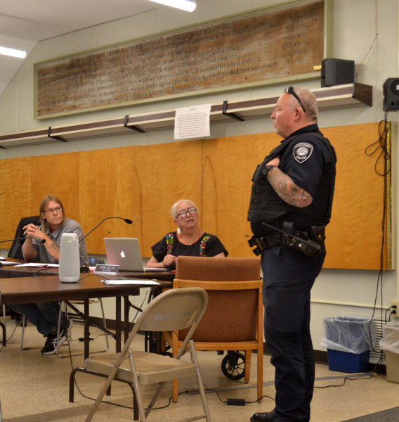 Wiscasset Police Chief Larry Hesseltine opposes renewing the liquor license for the Taste of the Orient restaurant during a public hearing on the license application at the town office Tuesday, Aug. 2. Following the hearing the select board voted 5-0 to deny the application. The establishments current liquor license expires Aug. 31. (Charlotte Boynton photo)